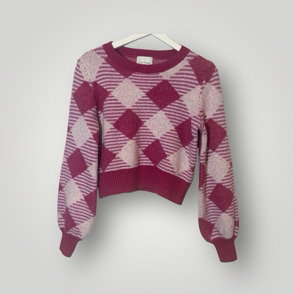 Pink Rose Argyle Knit Sweater Size Sm